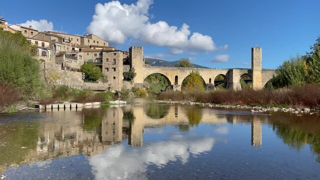 Historic site of Besal&uacute; in La Garrocha Girona medieval town pon fortified wall bridge over the river, point of tourist interest