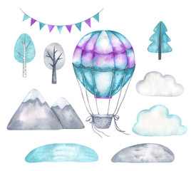 Watercolor illustration hot air balloon trees mountains