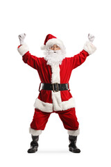 Full length portrait of santa claus gesturing happiness and raising arms