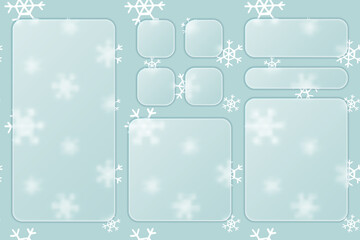 Set of transparent plates with place for text in trendy style glassmorphism or frosted glass on winter background with hand drawn snowflakes. For sites, applications, internet projects. Vector
