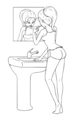 Woman brushing teeth to coloring