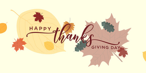 Happy Thanksgiving lettering hand drawn calligraphic with autumn leaf vector illustration. usable for web banners, background, posters and greeting cards