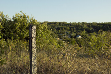 Chain link fence made of metal mesh on a background of green bushes and deciduous green forest on a clear sunny day