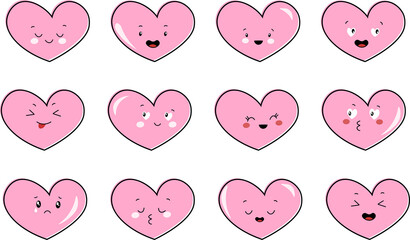 A collection, a set of funny loving hearts with faces and different emotions. Cute Valentine's Day symbols. Vector graphics.