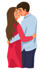 Romantic couple cuddling, kissing. Man and woman hugging. Love relationship. Flat vector illustration. Cartoon clipart isolated on white. Element for St Valentines holiday design, decor, card.