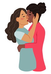 LGBT couple, one gender love. Lesbian couple, two girls in love, kissing. Hand drawn vector illustration. Cartoon style characters isolated on white background. Clip art for design, poster, card.