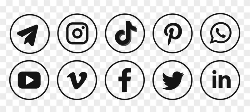 Round social media icon set. Social network logo. Facebook icon. TikTok icon. Instagram icon. Twitter icon. Youtube icon. 