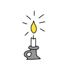 Gray Vector outline illustration of a yellow burning candle isolated on a white background
