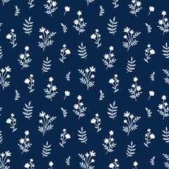 Tiny Wildflower Floral Seamless Pattern. White Meadow Flowers with leaves on navy blue background. Vintage Ditsy style motif. Vector texture for fashion, nursery print, textile, wrapping paper, cover