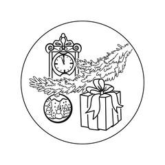 A branch of a Christmas tree, a New Year's ball, a stegovik, a wall clock, a New Year's gift, a vector outline

