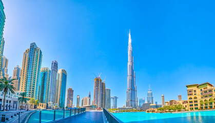 The long bridge to Burj Khalifa tower, Dubai, UAE