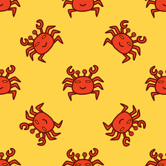 Seamless pattern Cute happy crab. Colorful vector illustration hand drawn on a yellow background print or card. Wrapping or fabric, paper or textile