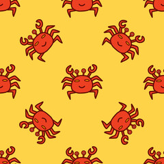 Seamless pattern Cute happy crab. Colorful vector illustration hand drawn on a yellow background print or card. Wrapping or fabric, paper or textile