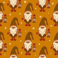 Seamless pattern. Cute little Christmas or garden gnome is holding a flashlight with burning candles. Snowing. Holiday New Year print. Colorful vector illustration hand drawn