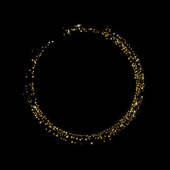 Gold glitter confetti on a black background. Scattered in a circle are shiny particles, sand. Decorative element, golden zen. Luxury background for your design, postcard, vector