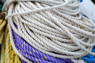 Details of colorful nylon ropes on a working New England Lobster boat