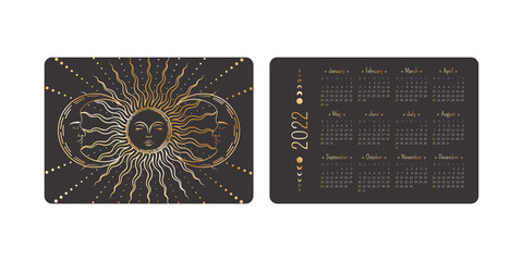 Vector tarot pocket year 2022 calendar with magical shining golden linear sun and crescents with sleeping faces. Two-sided card template with mystic outline illustration in boho style