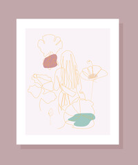 One line art illustration. A girl in lotos flowers. Vector design templates for sosial media, posters, cards, packaging.