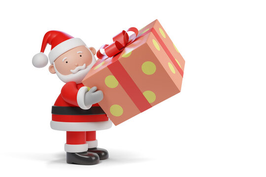 Cartoon Santa Claus carrying a giant gift box isolated on white background. 3d illustration.