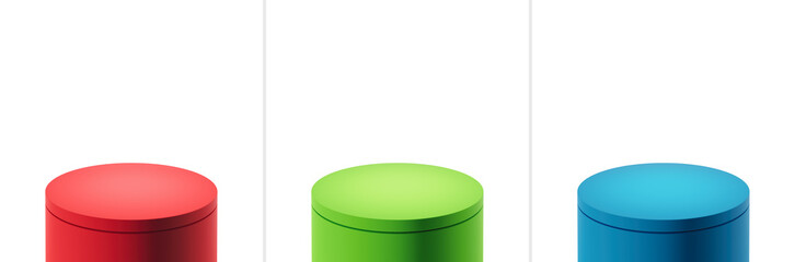 Set of scene with red, green and blue cylindrical  podium, on white  background. Mock up pedestal design for display case,  showcase, shopfront. Fresh modern color. 3d render illustration.