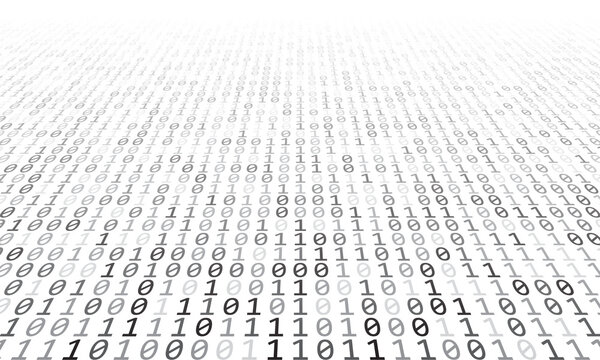 Abstract background with zeros and ones numbers. Perspective view to horizon.