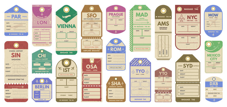 Retro travel luggage tags, airport flight stamps. Vintage luggage travel tags, rome, shanghai and madrid tour trip luggage tickets vector illustration set. Old baggage tags