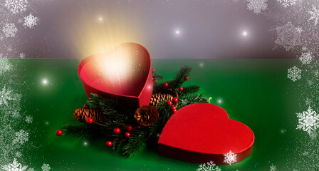 banner con scatola a forma di cuore rossa con raggi di magica luce d'oro natalizia
