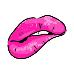 Sexy plump lips kiss pink watercolor and line art, Hand drawn vector illustration isolated