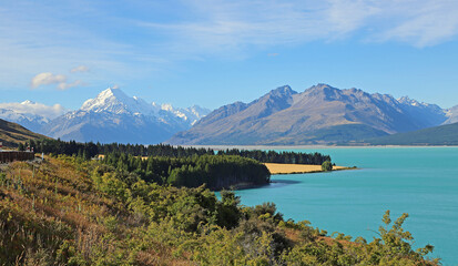 Idyllic landscape on Pukaki Lake, New Zealand
