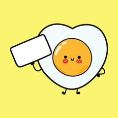 Cute funny fried eggs with poster. Vector hand drawn cartoon kawaii character illustration icon. Isolated on yellow background. Fried eggs think concept