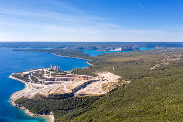 An aerial view of Rasa bay and cement factory Koromacno, Istria, Croatia