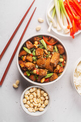 Kung pao or kung po, traditional chinese food with ingredients, flat lay
