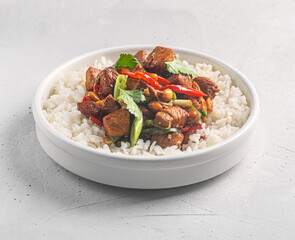 Kung pao or kung po, traditional chinese food with rice as a sidedish