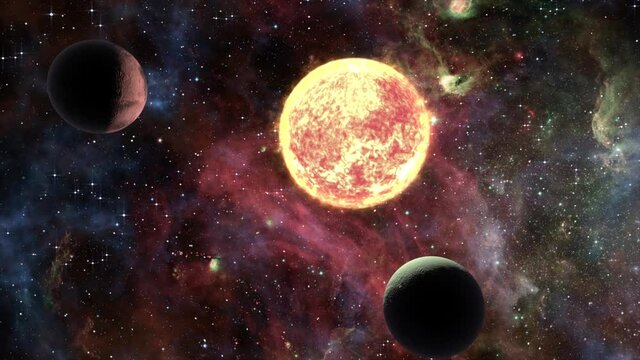 Space background slowly moving through universe among planets galaxies stars and nebulae