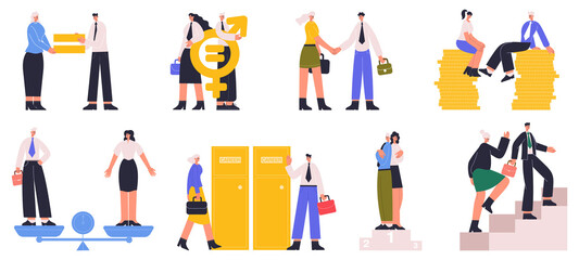 Business man and woman gender equality, equal career opportunities. Work gender equality, male and female equal rights vector illustration set. Society gender equality