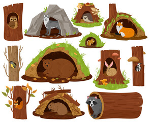 Cartoon forest animals inside hollow, burrow and nest. Woodland fauna in burrows and tree hollows vector illustration set. Owl, bear and hedgehog - obrazy, fototapety, plakaty