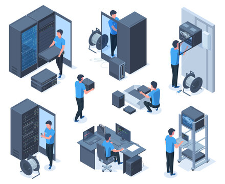 Isometric engineers characters serve data center network equipment. Computer network technology repair workers vector illustration set. Hosting servers equipment maintaining