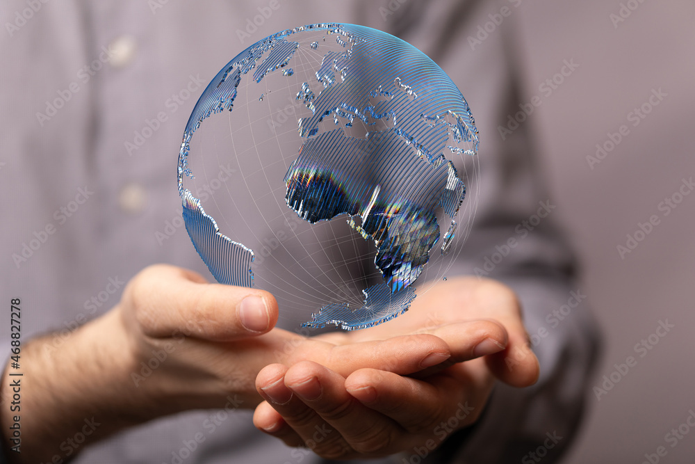 Poster Global telecommunication network around the World with connections between data centers or satellites. Planet Earth from space, concept for connected