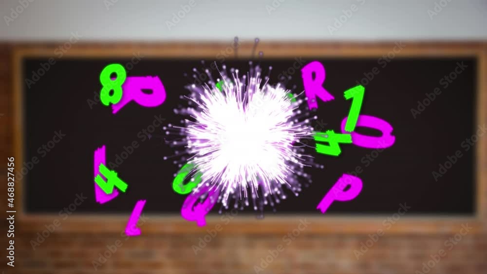 Wall mural Animation of changing green numbers and pink letters and firework over classroom chalkboard