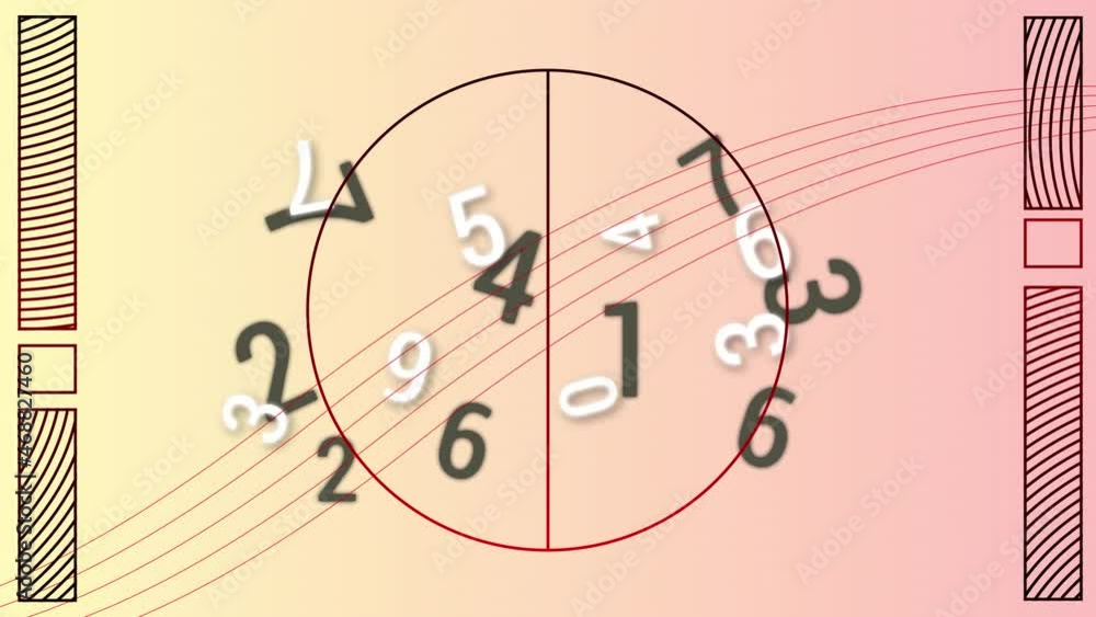 Poster animation of changing black and white numbers over lines and shapes on pink background