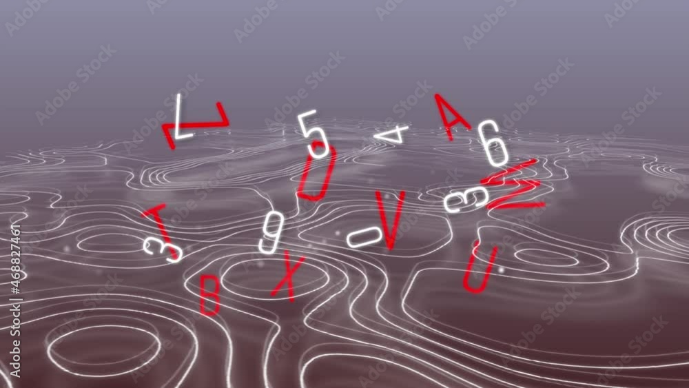 Poster animation of changing white numbers and red letters over contour lines on grey background