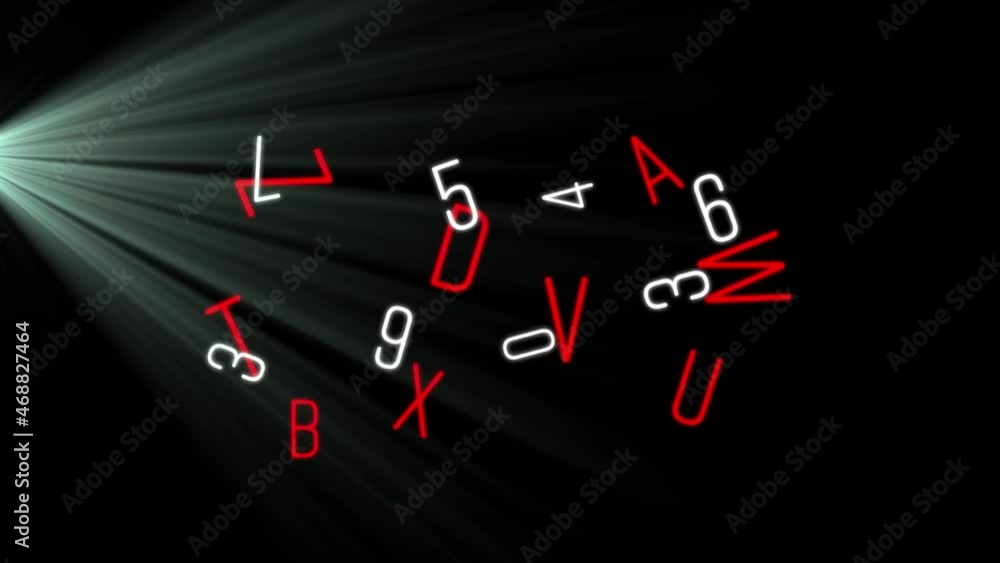 Poster animation of changing white numbers and red letters with light beams on black background