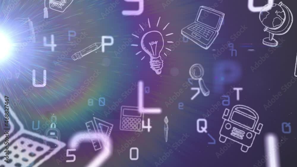 Poster animation of changing numbers and letters with moving school items and light on black background