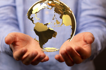 Global telecommunication network around the World with connections between data centers or satellites. Planet Earth from space, concept for connected