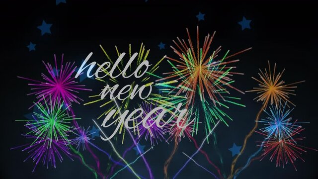 Animation of new year greetings, colourful fireworks exploding on new year's eve