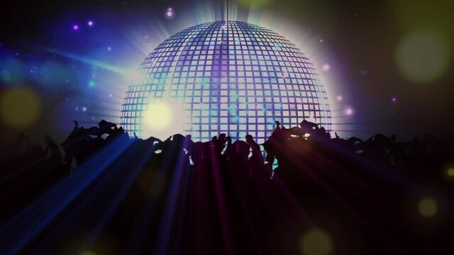 Animation of crowd of people dancing in music venue with mirror ball spinning and colourful lights