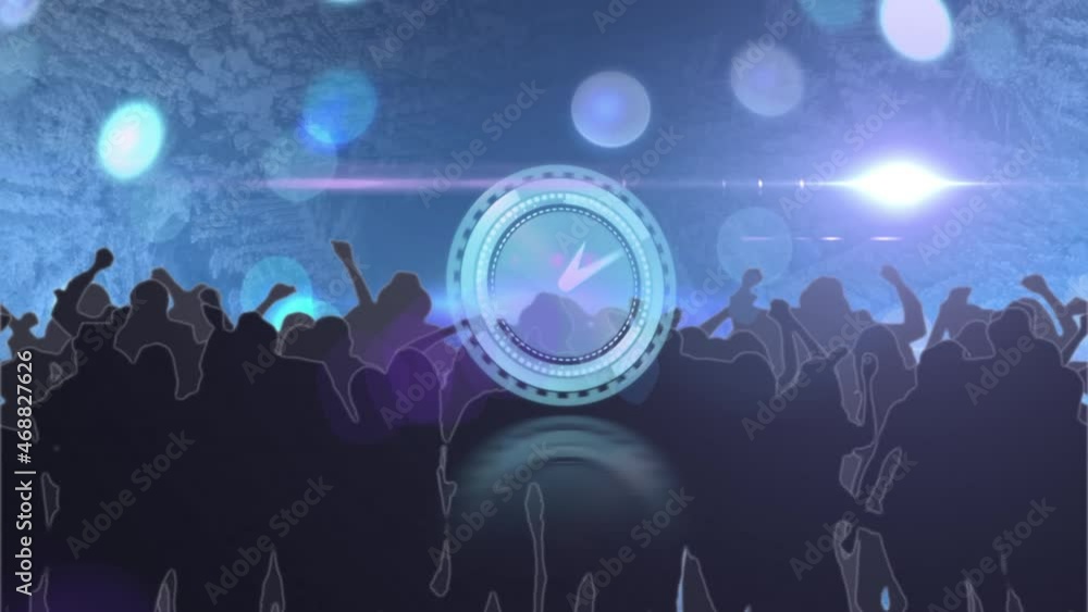 Poster animation of scanner with clock face over dancing crowd with bokeh blue lights and spotlight