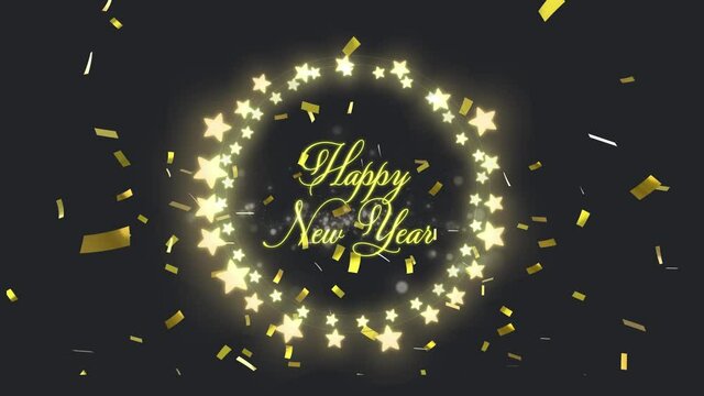 Animation of happy new year text in circle of glowing star christmas lights with gold confetti
