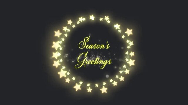 Animation of season's greetings text in circle of glowing star christmas lights with gold confetti