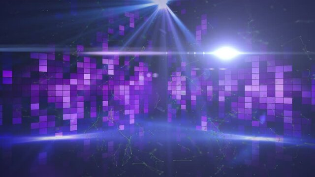 Animation of gold confetti falling on dance floor with flashing purple lights and spotlight